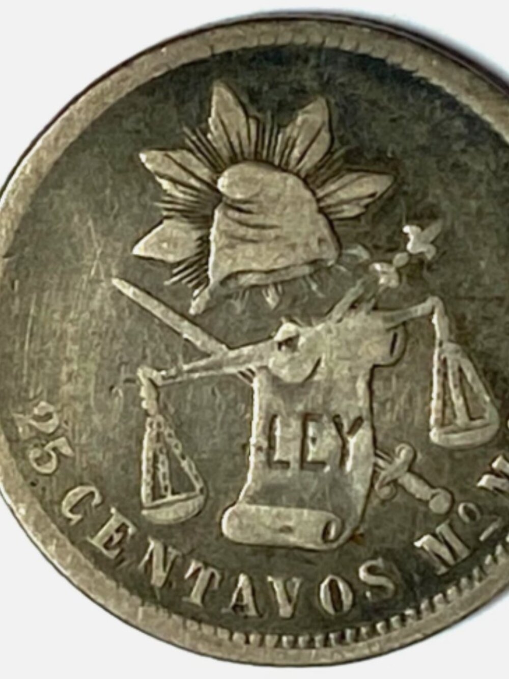 Antique 1887 Mo M Mexico Second Republic 25 Centavos Silver Coin